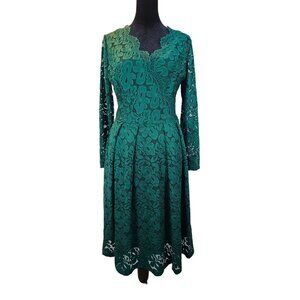 Womens Green Floral Lace Fit & Flare Dress Scalloped V-Neck Long Sleeves Size M